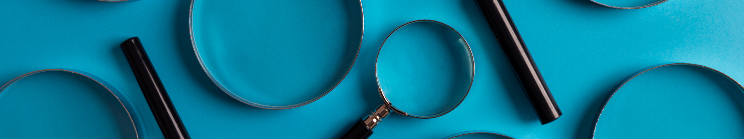 a group of magnifying glasses of different sizes against a blue background